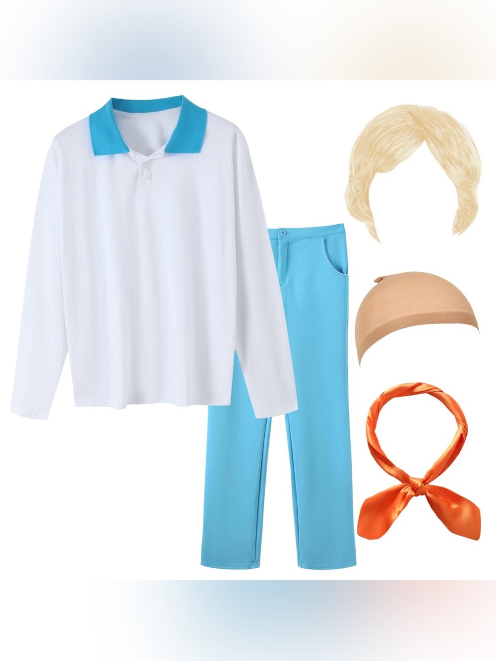 Fred Scooby Doo Adult Costume Size XL Pants Shirt Scarf Wig Cartoon Cosplay READ